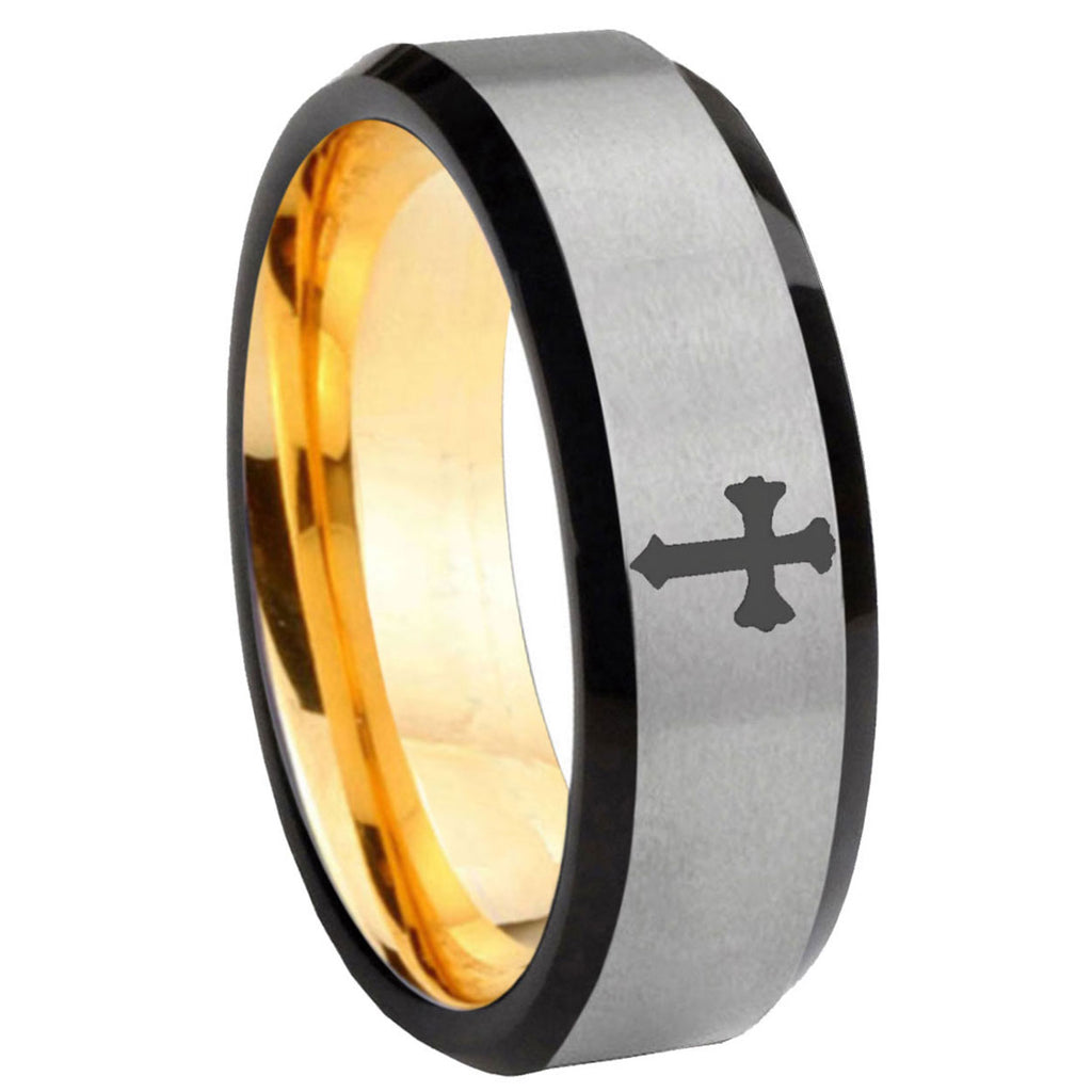 8mm Flat Christian Cross Beveled Edge Gray Gold Tungsten Ring