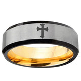 Flat Christian Cross Beveled Edge Gray And Gold Tungsten Custom Ring