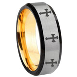 8mm Multiple Christian Cross Beveled Edge Gray And Gold Tungsten Wedding Bands Ring