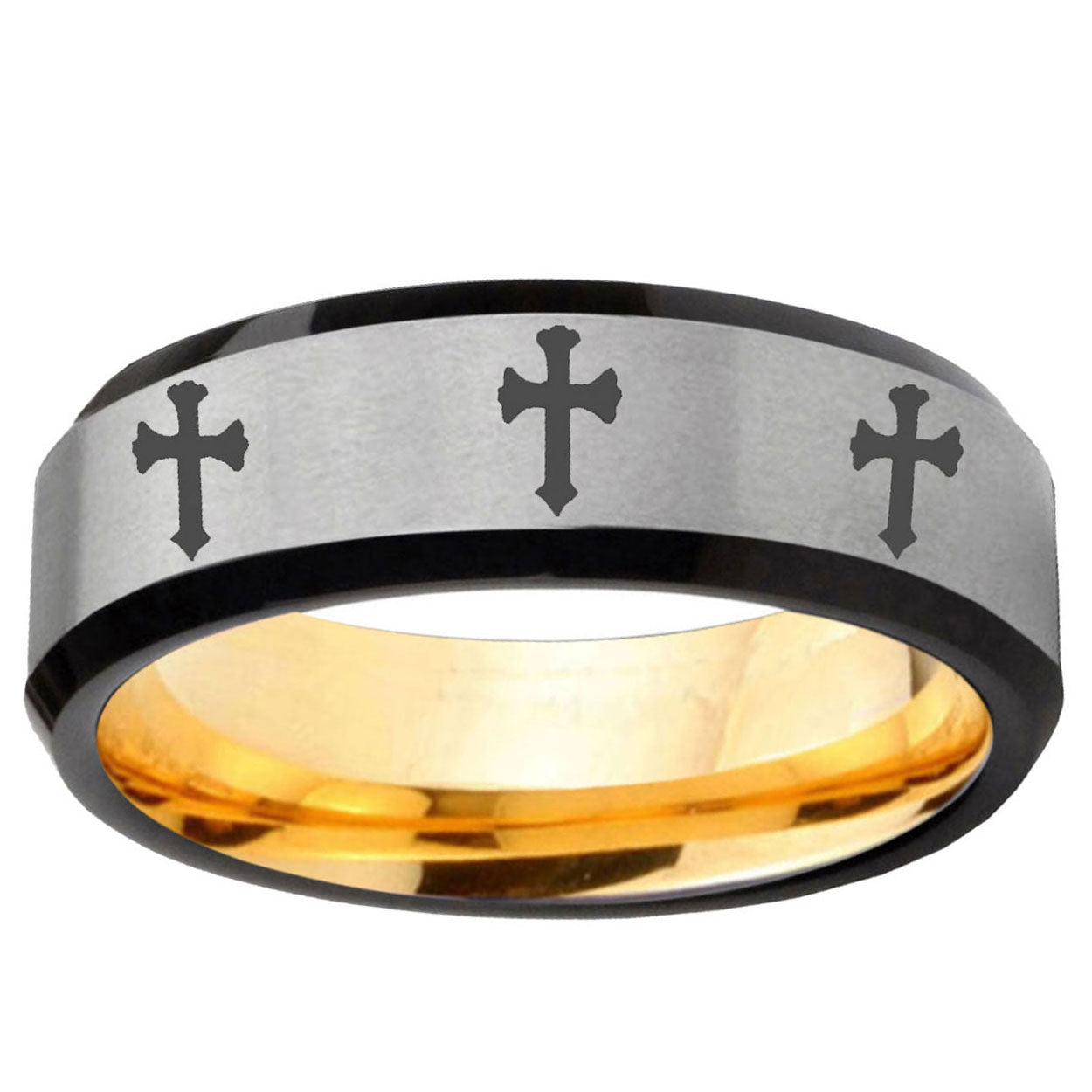 Multiple Christian Cross Beveled Gray Gold Tungsten Ring