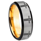 8mm Multiple Christian Cross Beveled Edge Gray And Gold Tungsten Men's Band Ring