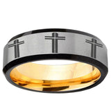Multiple Christian Cross Beveled Edge Gray And Gold Tungsten Men's Band Ring