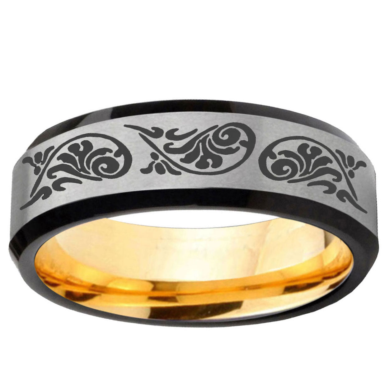 Etched Tribal Pattern Bevel Gray Gold Tungsten Ring