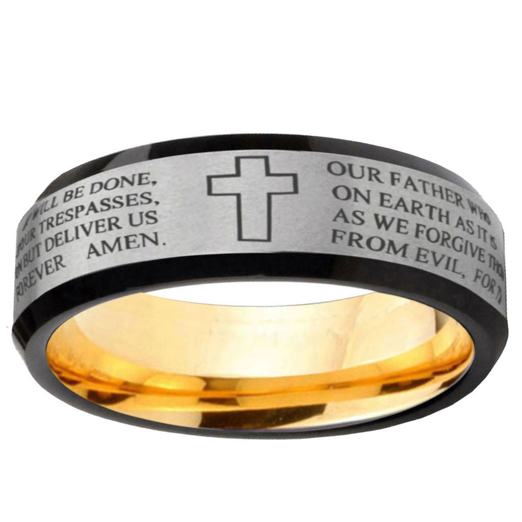 Etched Lord's Prayer Cross Beveled Gray Gold Tungsten Ring