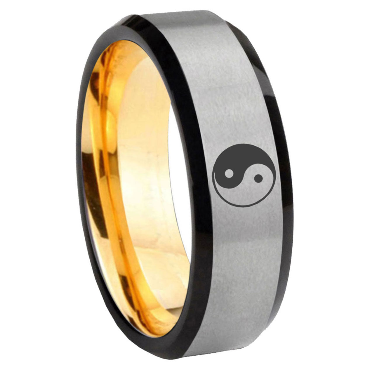8mm Yin Yang Beveled Tungsten Silver Gold Mens Engagement Ring