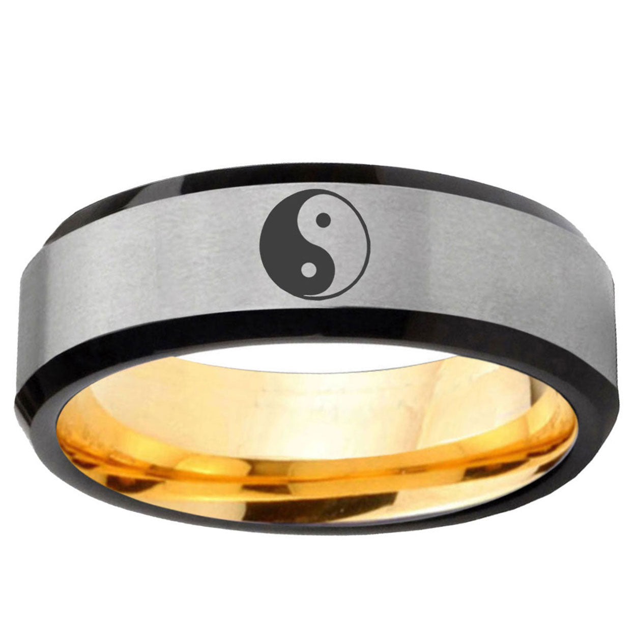 Yin Yang Beveled Tungsten Silver Gold Mens Engagement Ring