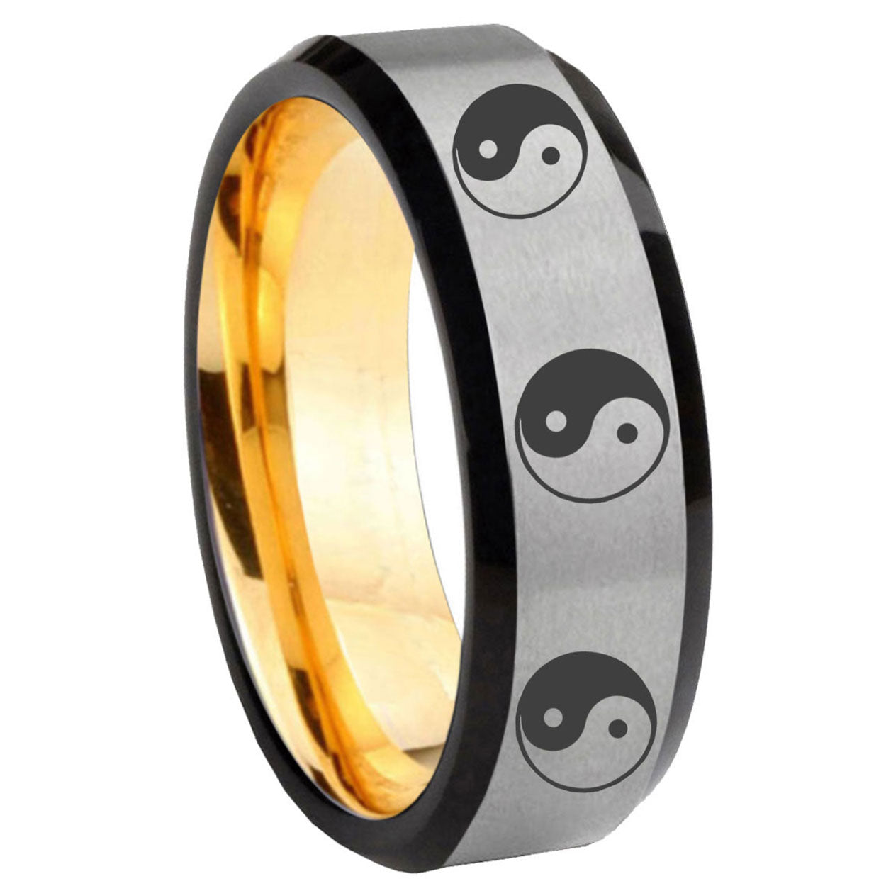 8mm Multiple Yin Yang Beveled Gray Gold Tungsten Promise Ring