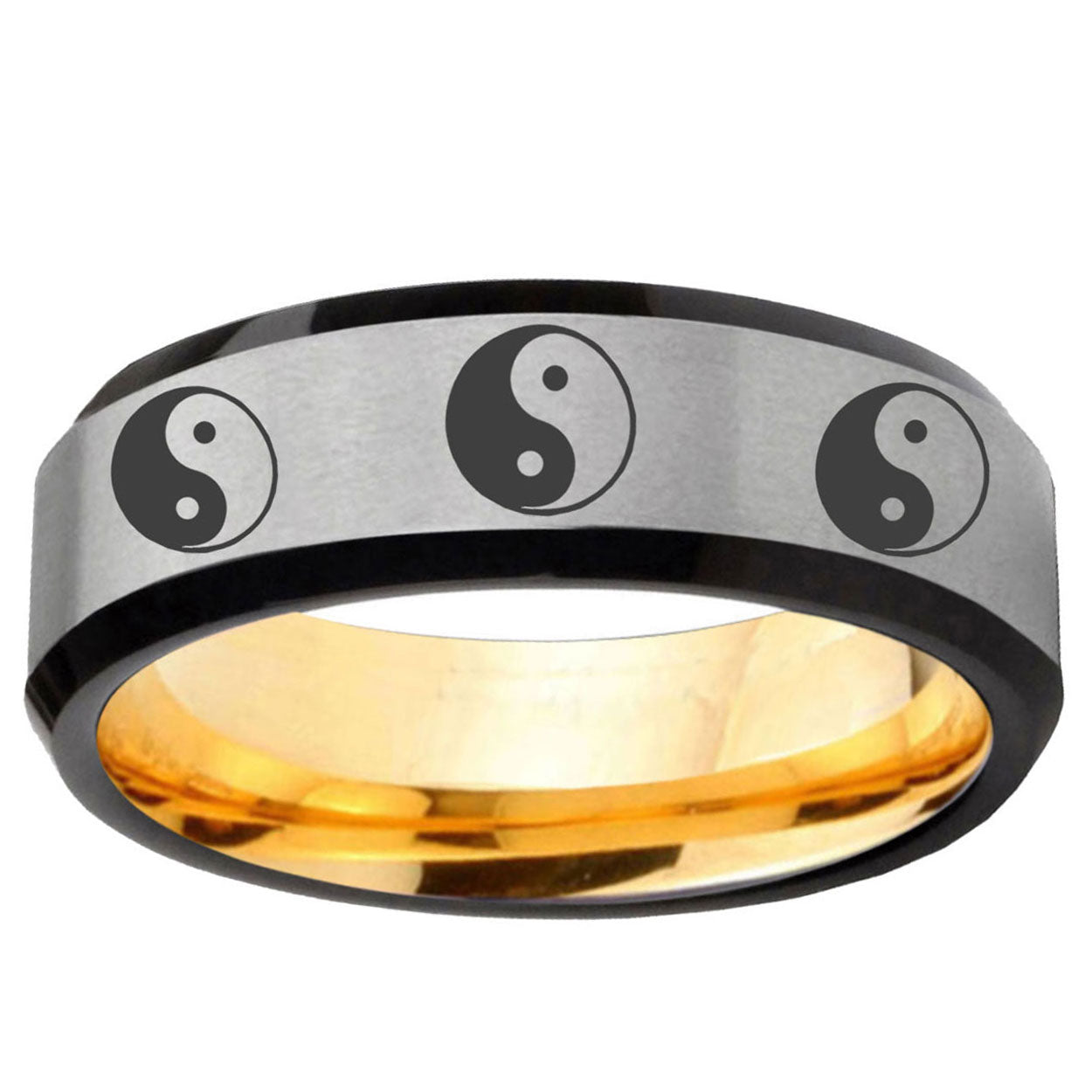 Multiple Yin Yang Beveled Gray Gold Tungsten Promise Ring