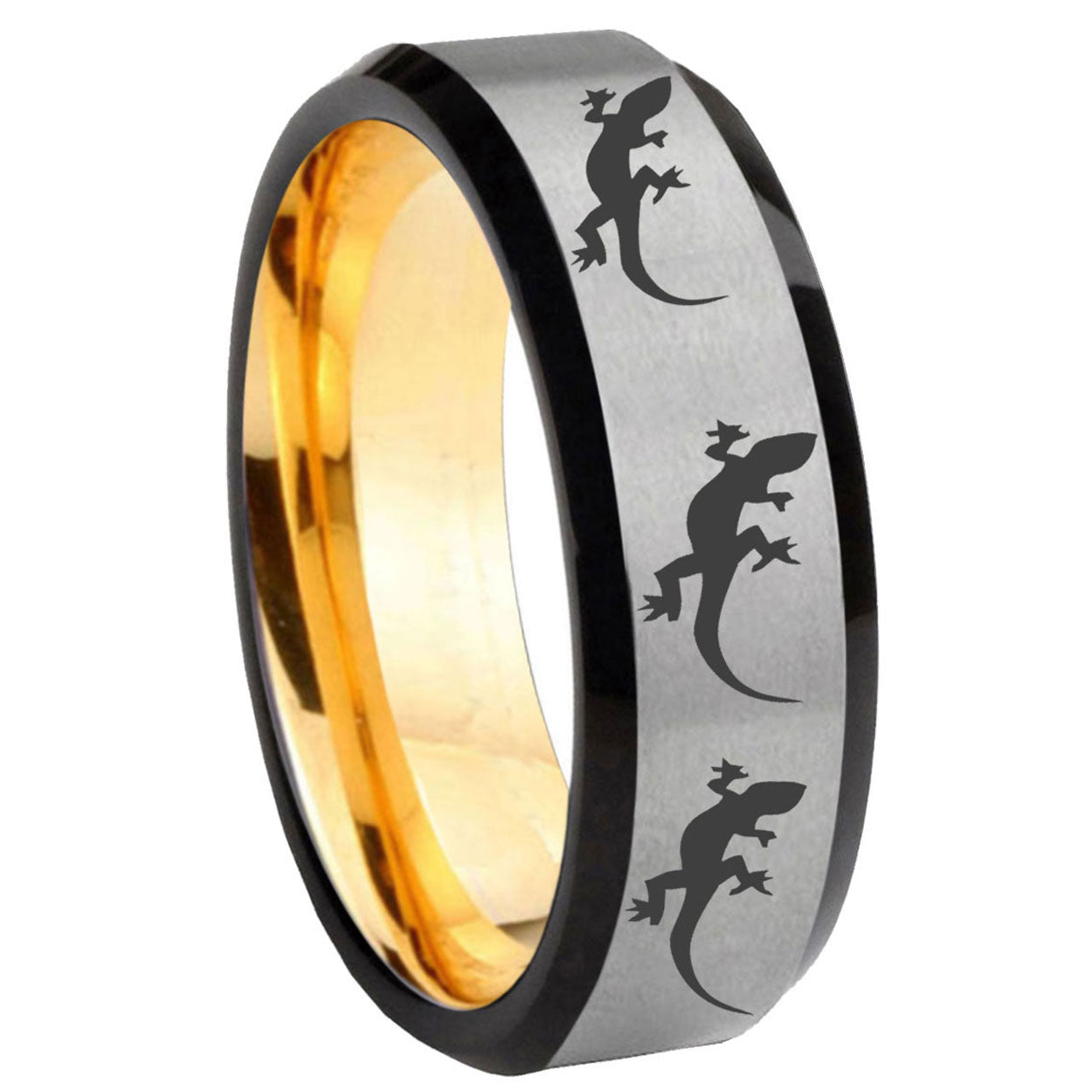 8mm Multiple Lizard Beveled Edge Gray And Gold Tungsten Ring