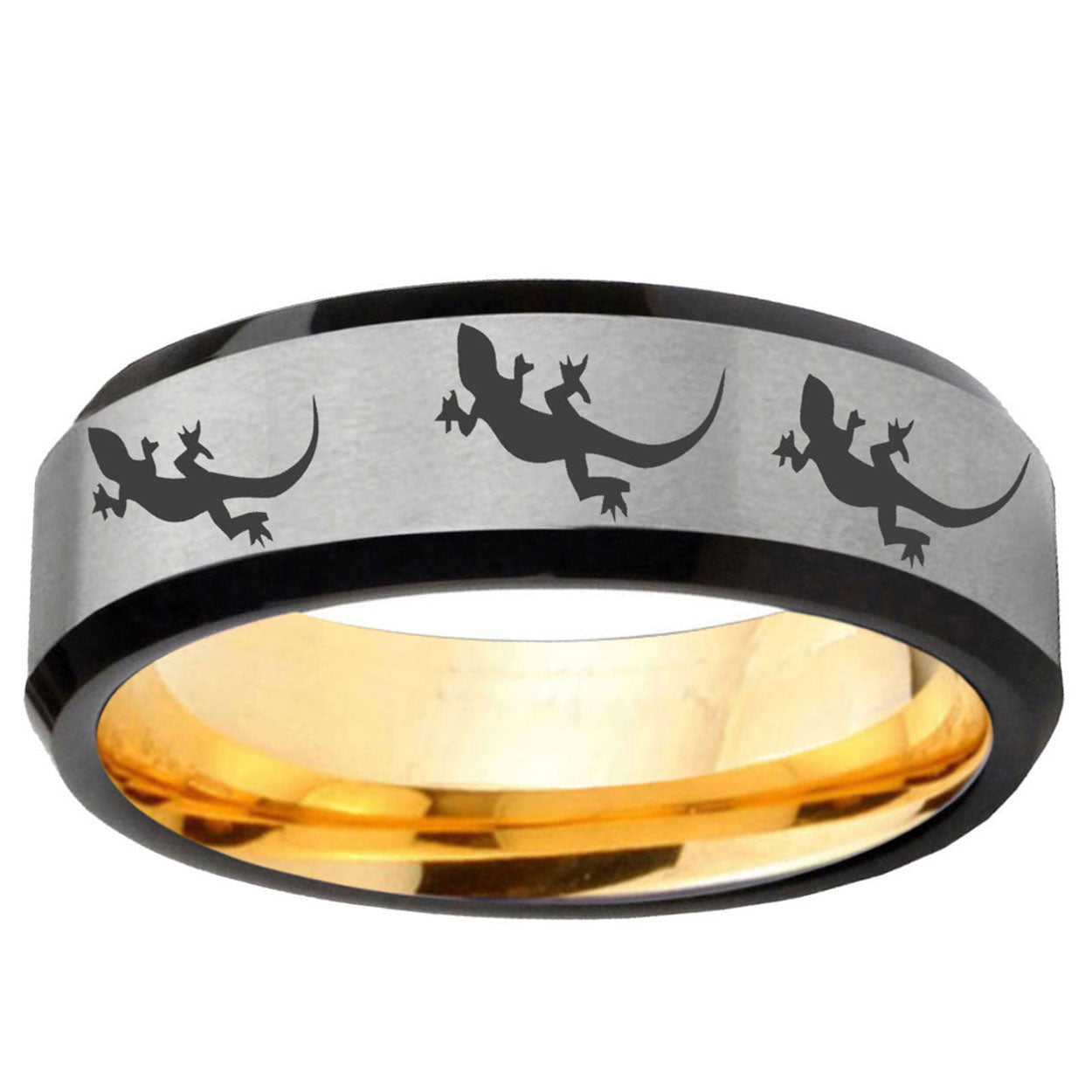 Multiple Lizard Beveled Edge Gray And Gold Tungsten Ring