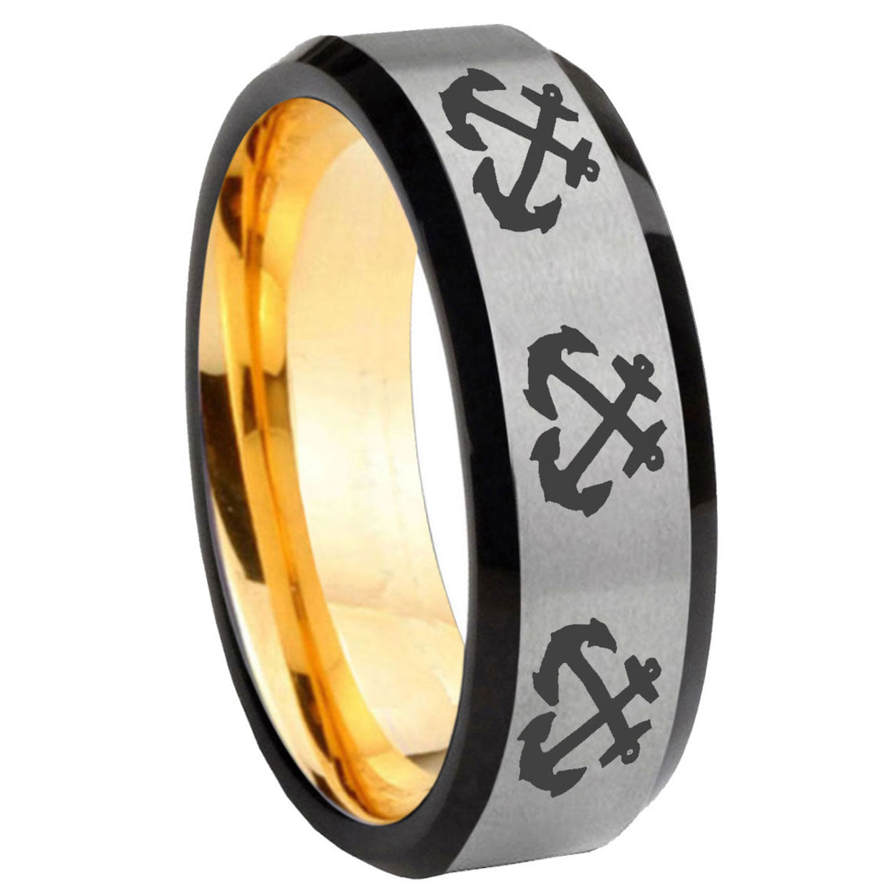 8mm Multiple Anchor Beveled Edge Gray And Gold Tungsten Ring