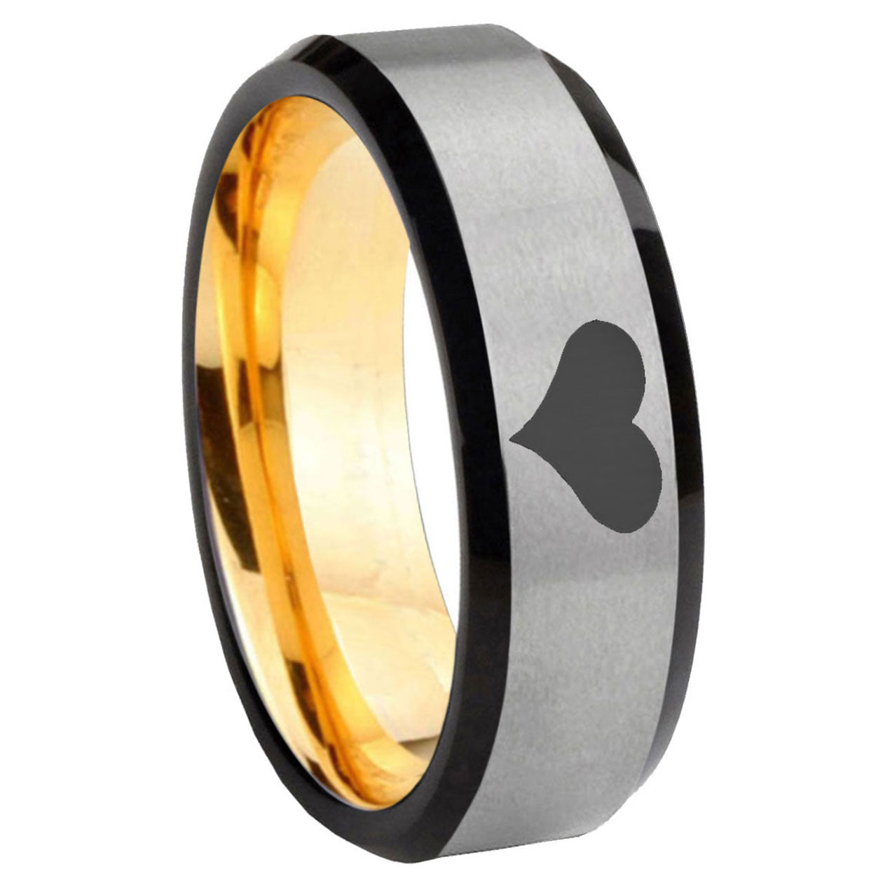 8mm Heart Beveled Edge Gray And Gold Tungsten Engraved Ring