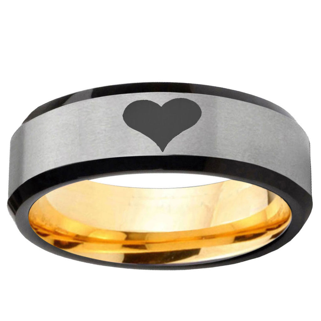 Heart Beveled Edge Gray And Gold Tungsten Engraved Ring
