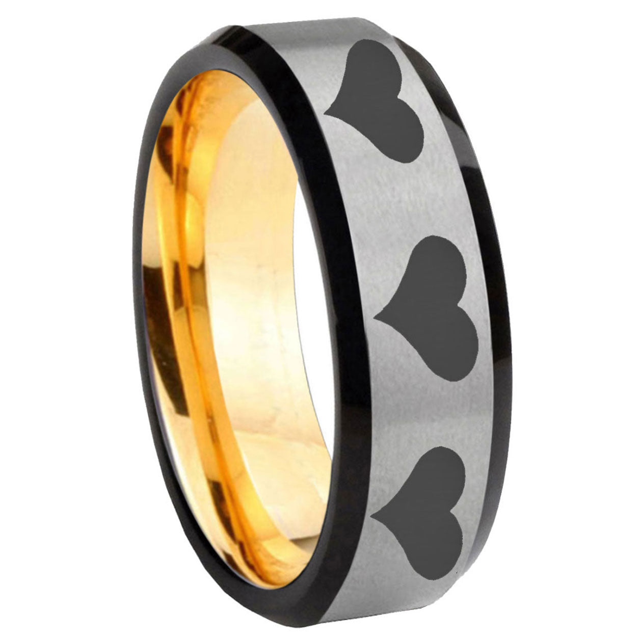 8mm Multiple Heart Beveled Edge Gray Gold Tungsten Ring