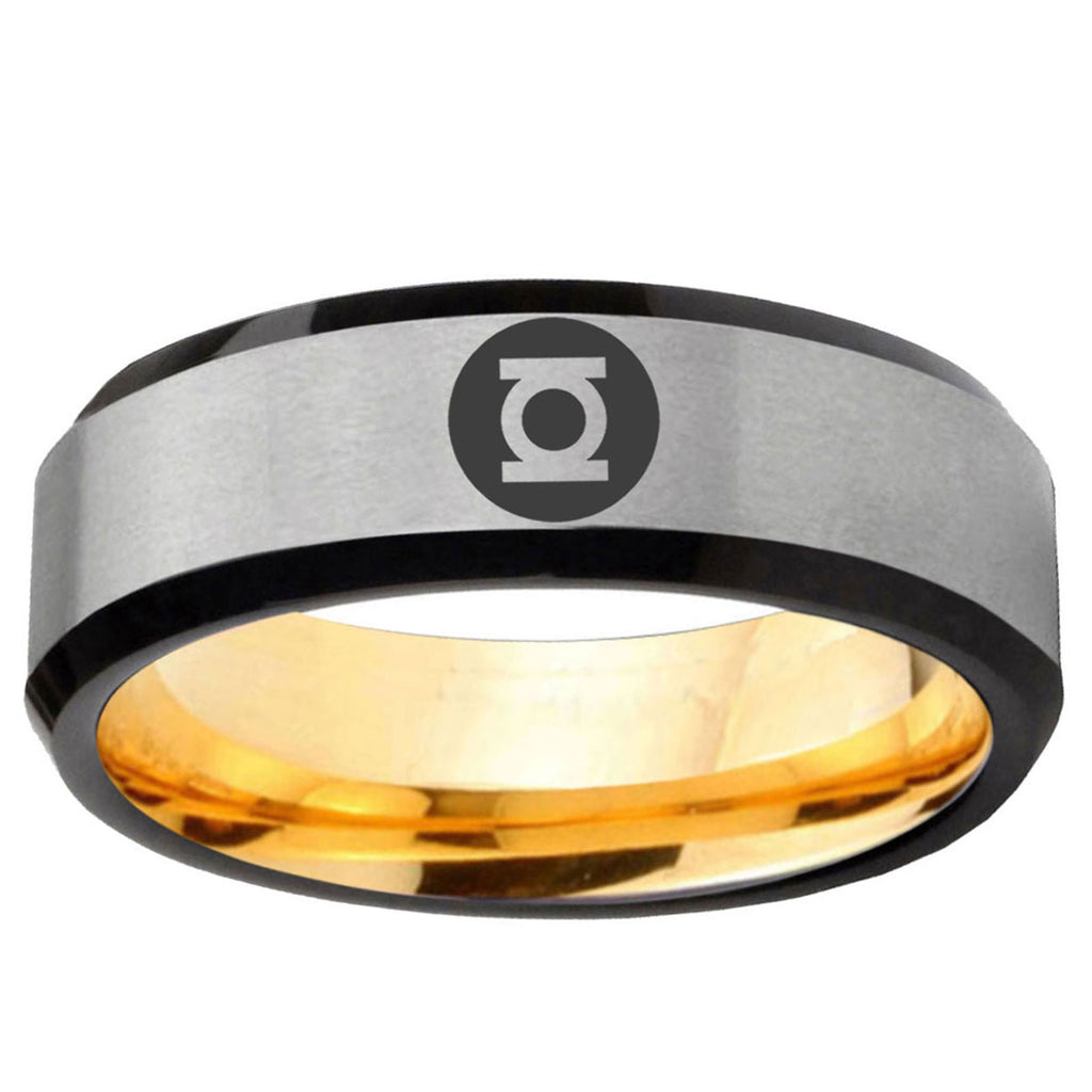 Green Lantern Beveled Gold Silver Tungsten Ring For Him