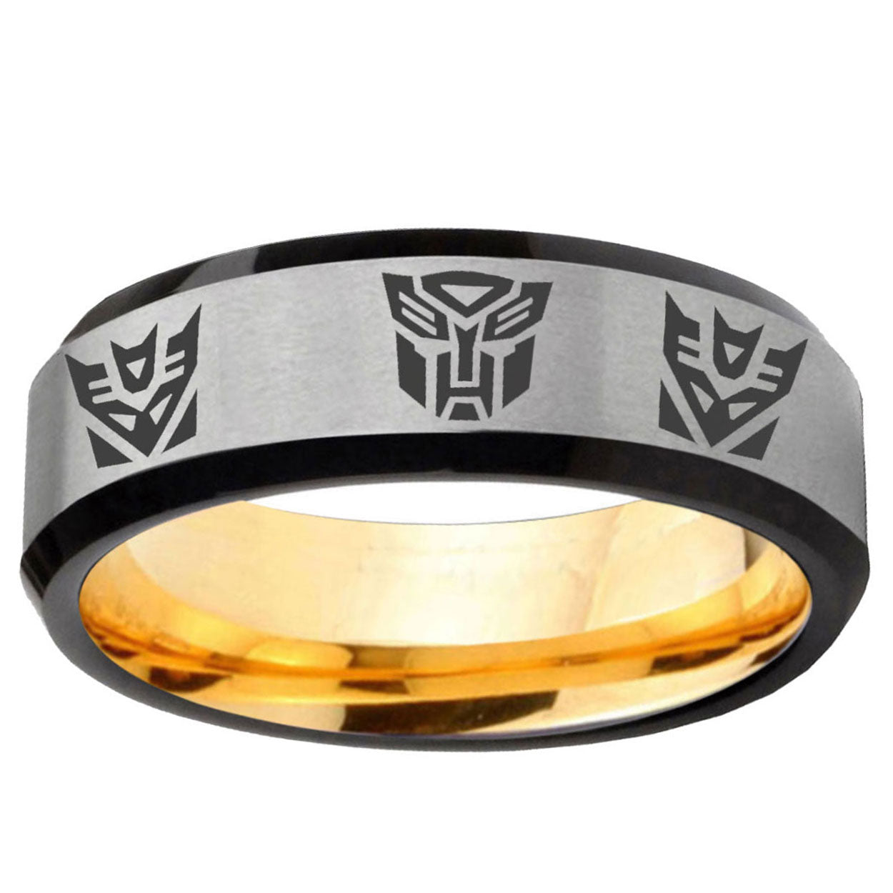 Transformers Autobot Decepticon Bevel Gray Gold Tungsten Ring