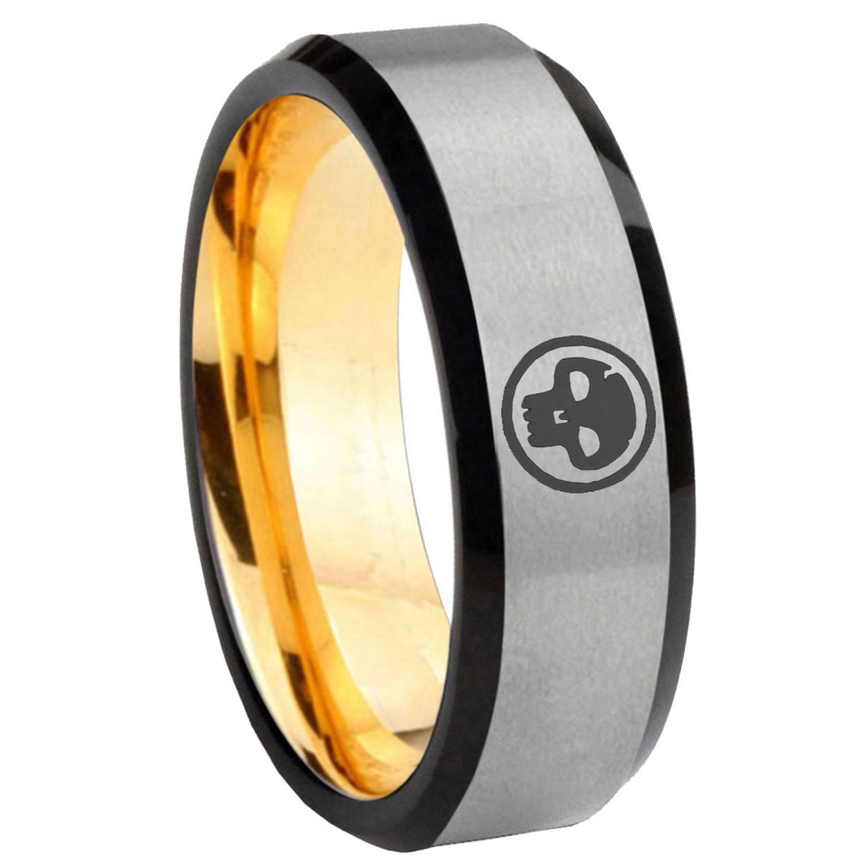 8mm Skull Beveled Edge Gray And Gold Tungsten Engraved Ring