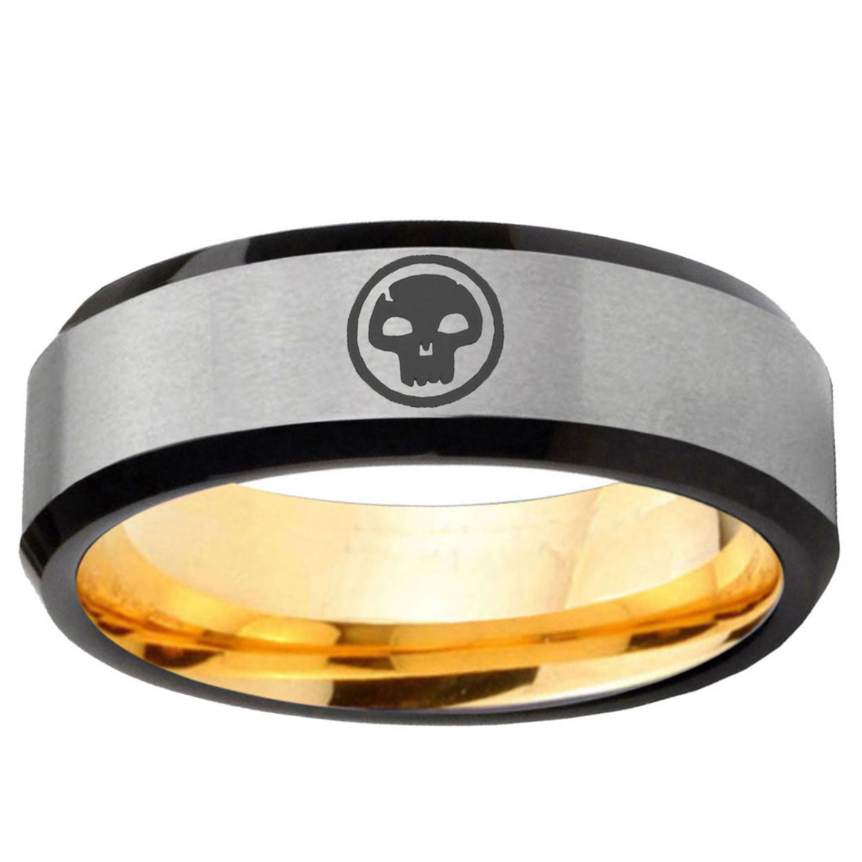 Skull Beveled Edge Gray And Gold Tungsten Engraved Ring