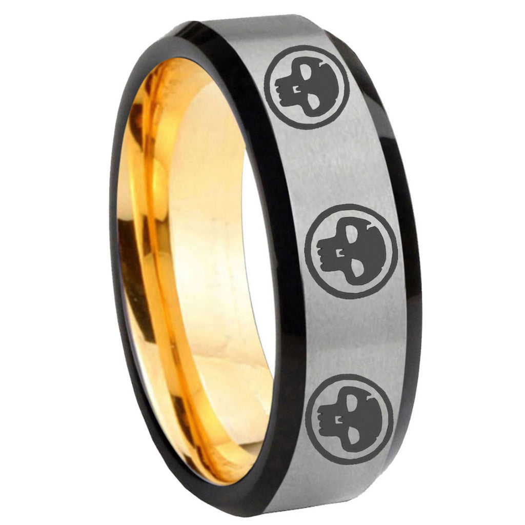 8mm Multiple Skull Beveled Edge Gray Gold Tungsten Ring