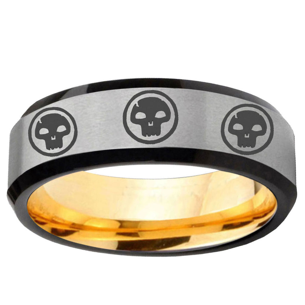 Multiple Skull Beveled Edge Gray Gold Tungsten Ring