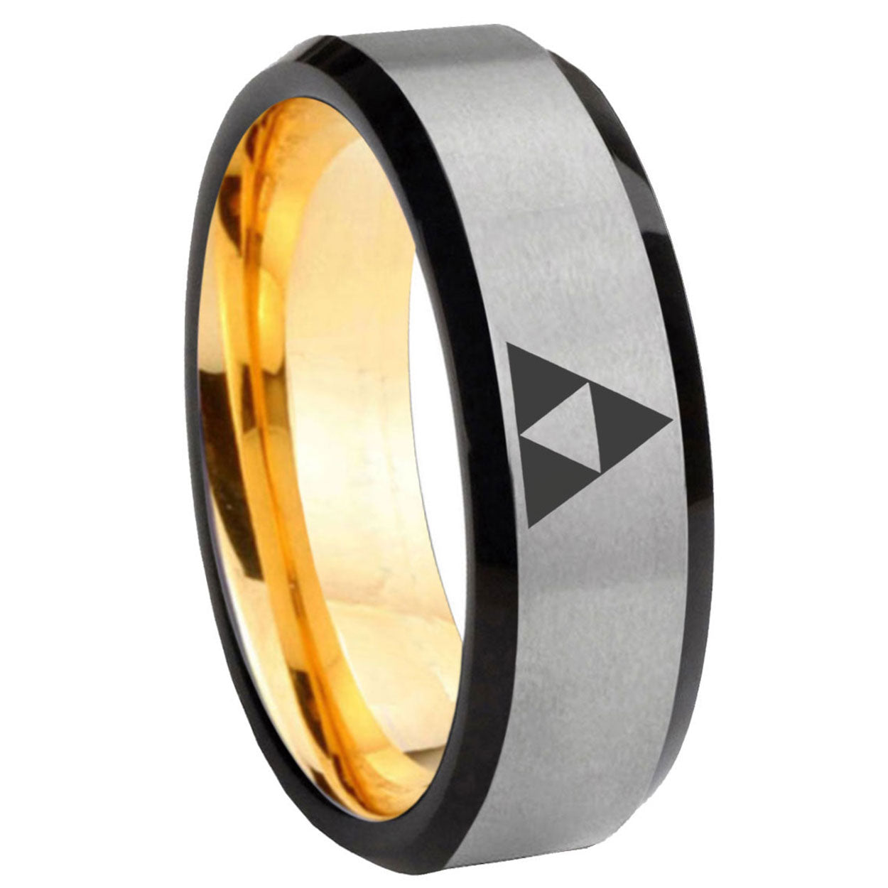8mm Zelda Triforce Beveled Edge Gray Gold Tungsten Custom Ring