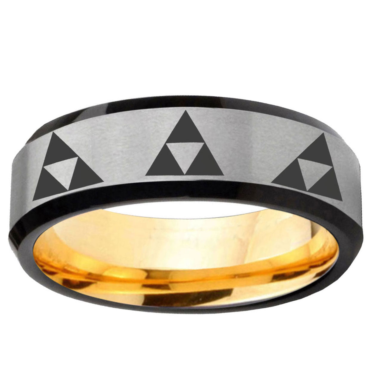 Multiple Zelda Triforce Beveled Gray Gold Tungsten Ring