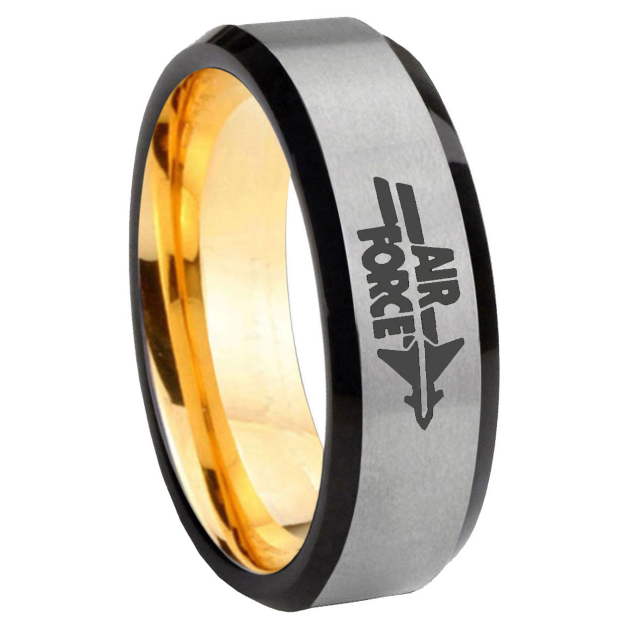 8mm Beveled Edge Gray And Gold Air Force Tungsten Engraved Ring