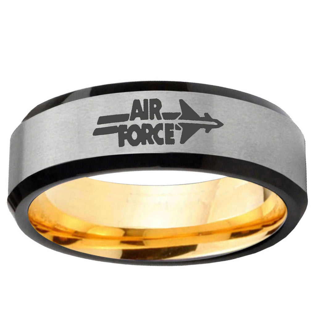 Beveled Edge Gray And Gold Air Force Tungsten Engraved Ring