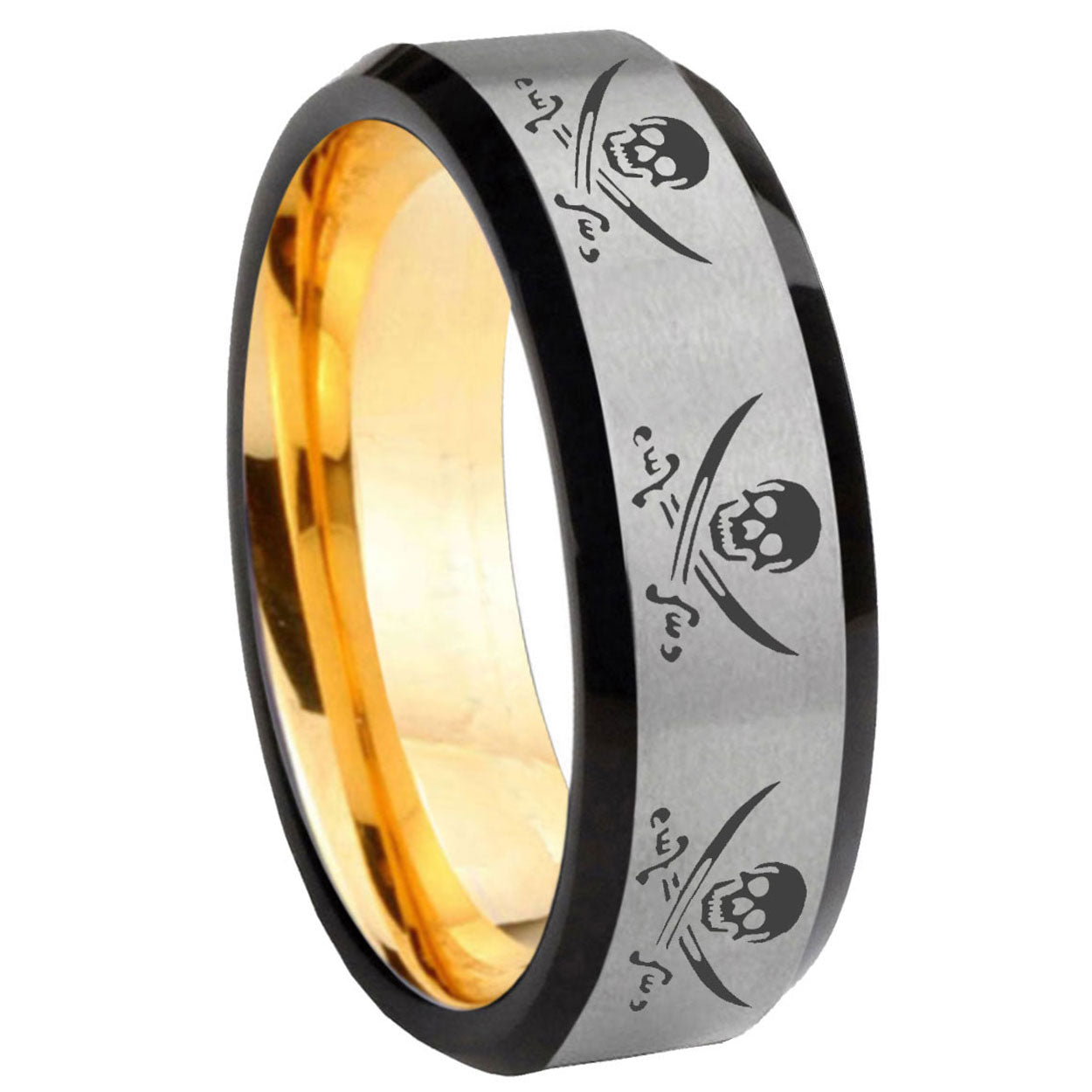 8mm Multiple Skull Pirate Beveled Edge Gray Gold Tungsten Ring