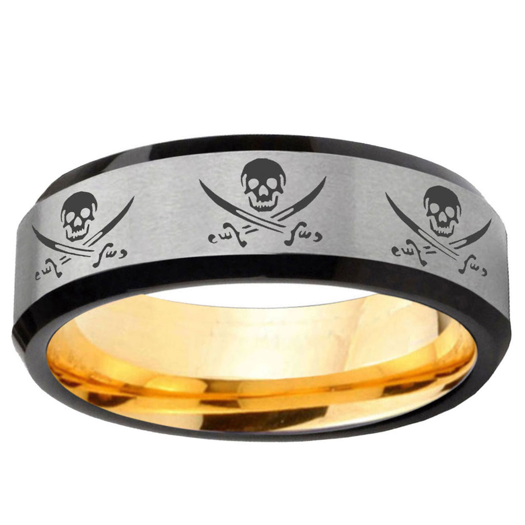 Multiple Skull Pirate Beveled Edge Gray Gold Tungsten Ring