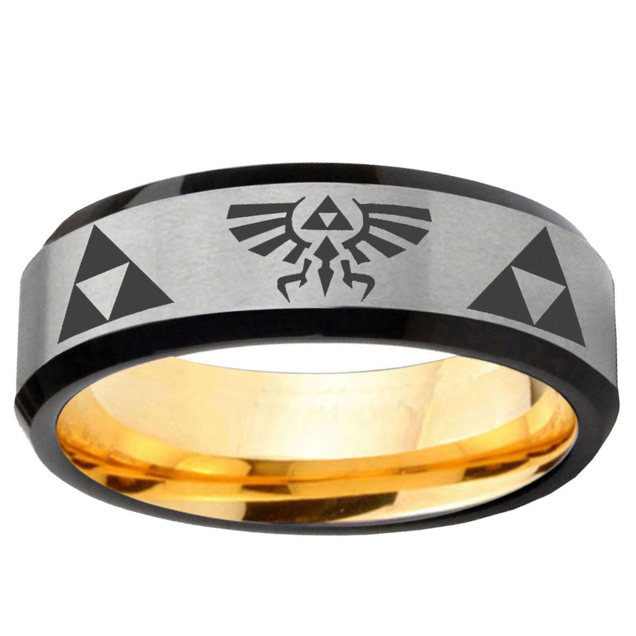 Legend Triforce Zelda Beveled Tungsten Silver Gold Ring