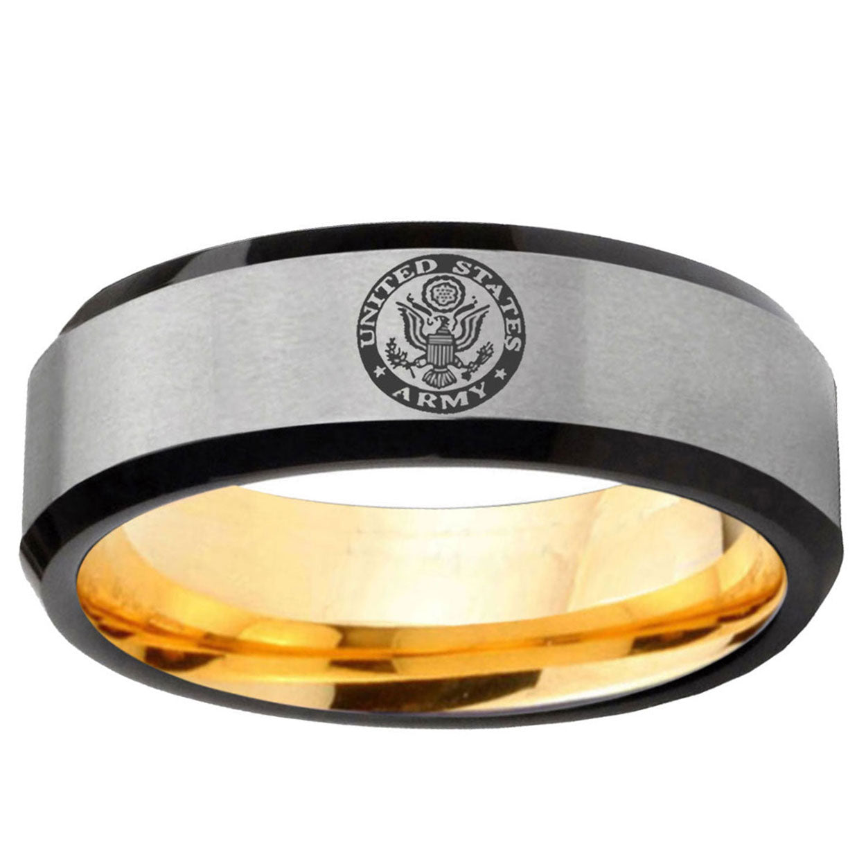 U.S. Army Beveled Edge Gray And Gold Tungsten Promised Ring