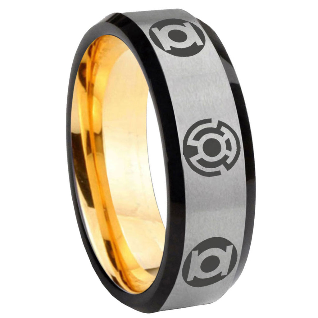 8mm Blue Green Lantern Beveled Edge Gray Gold Tungsten Ring