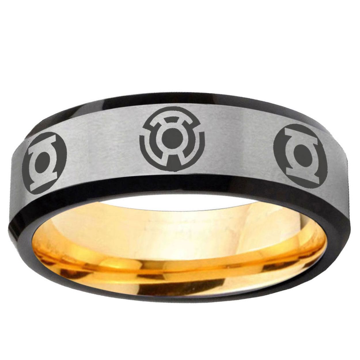 Blue Green Lantern Beveled Edge Gray Gold Tungsten Ring