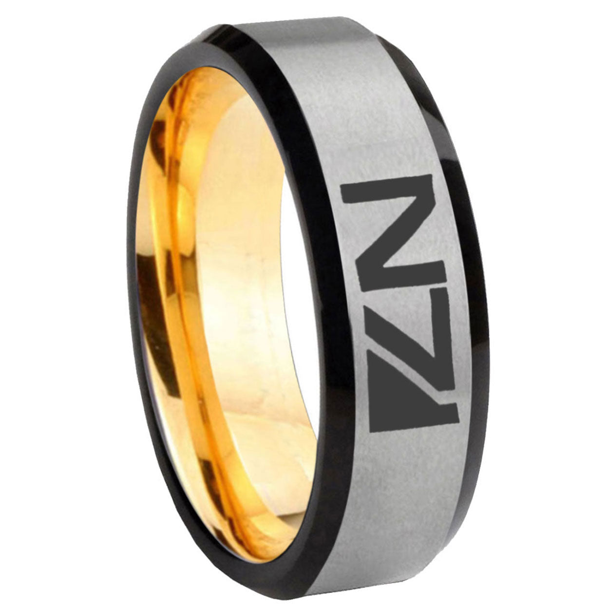 8mm N7 Design Beveled Edge Gray And Gold Tungsten Wedding Ring