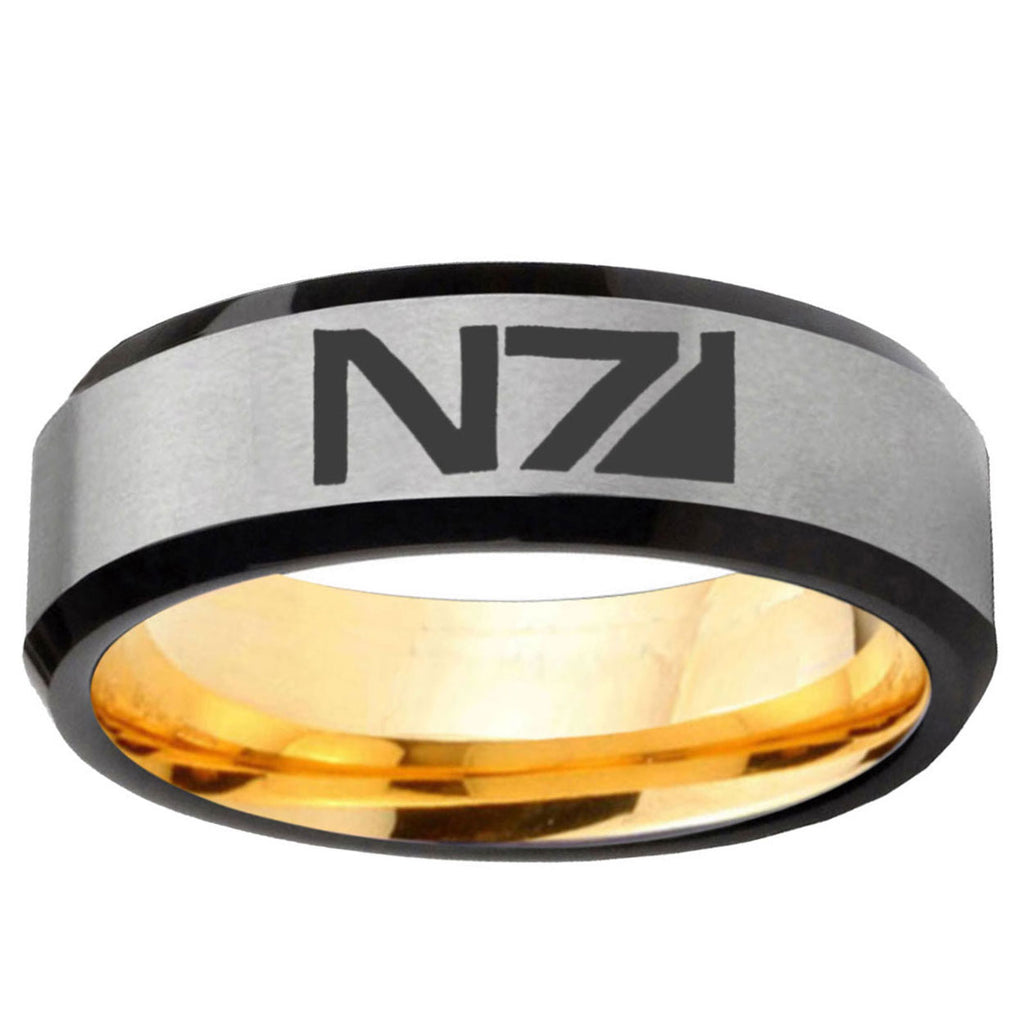 N7 Design Beveled Edge Gray And Gold Tungsten Wedding Ring