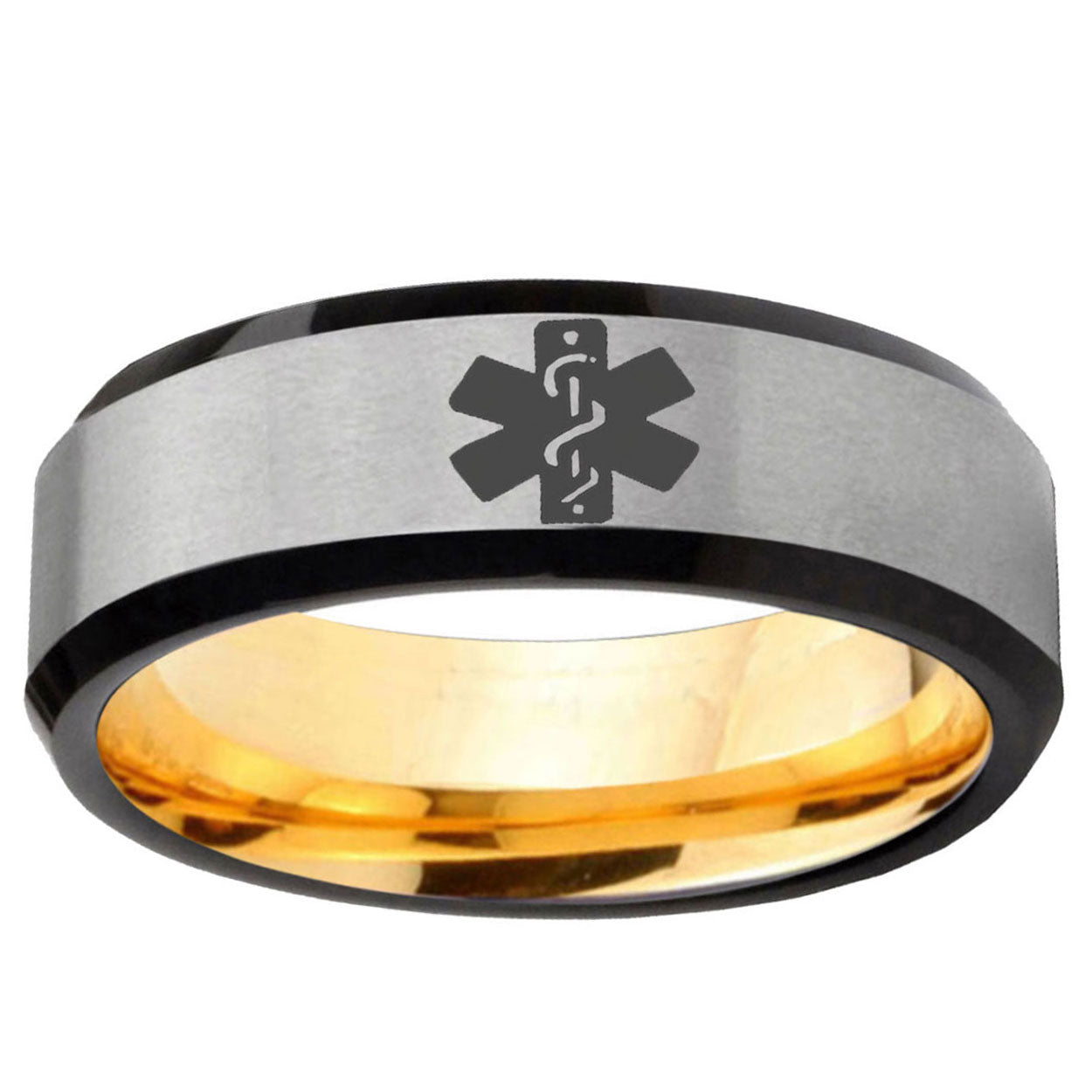 Medical Alert Beveled Tungsten Silver Gold Engagement Ring