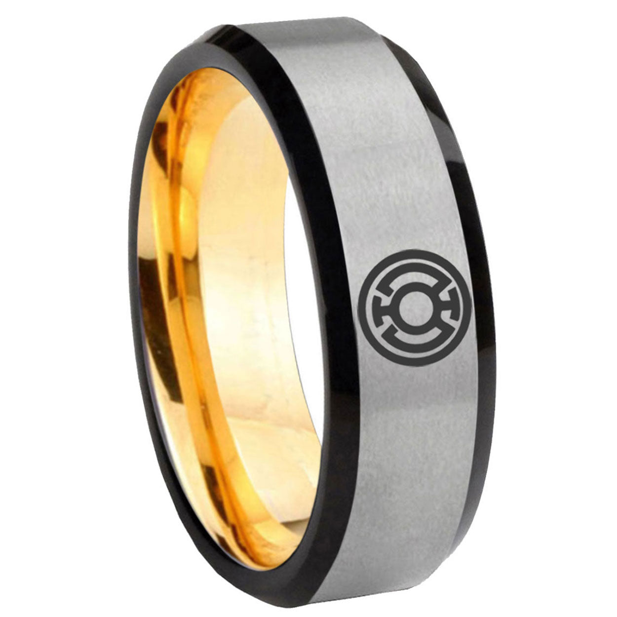 8mm Blue Lantern Beveled Edge Gold Silver Tungsten Ring For Him