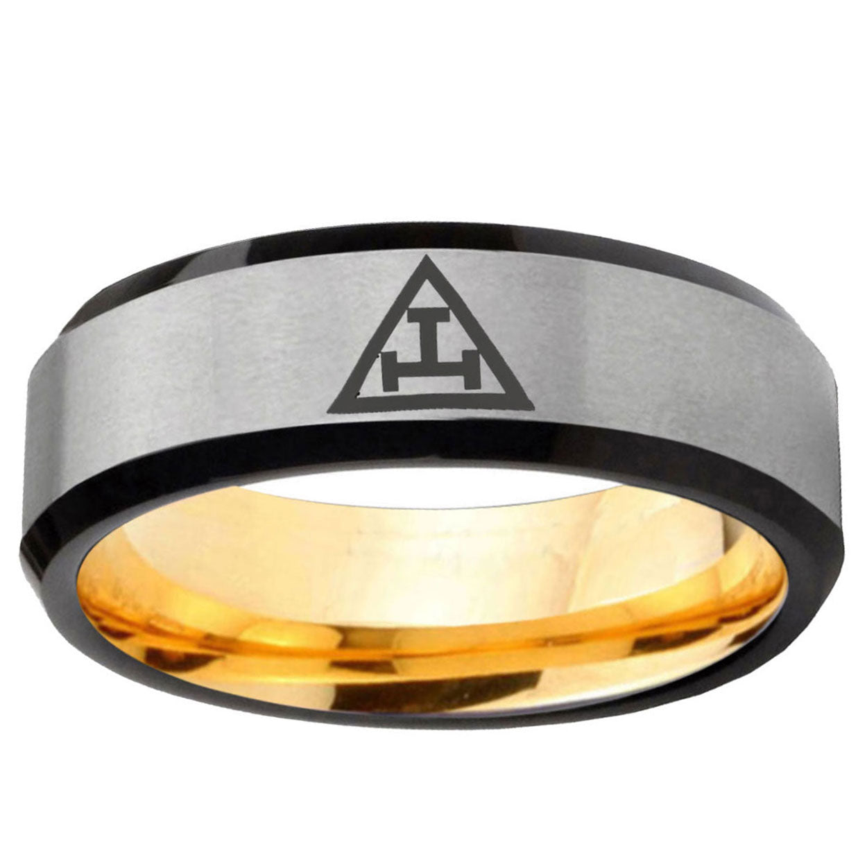 Masonic Triple Beveled Gray Gold Tungsten Ring Personalized