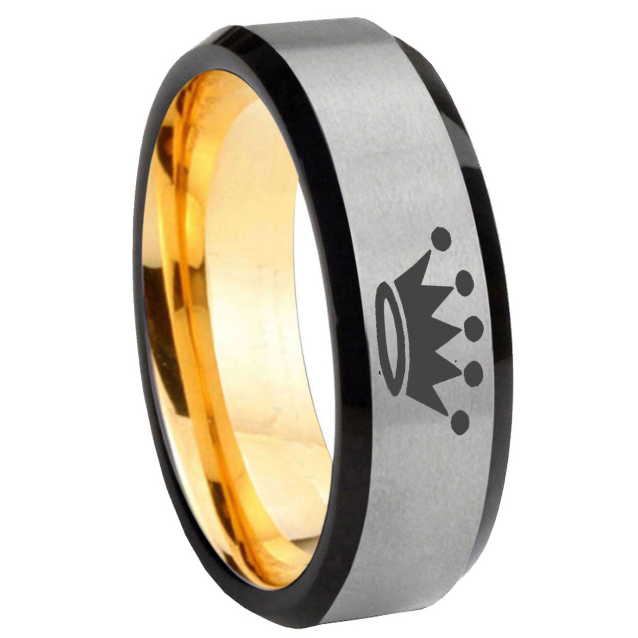 8mm Crown Beveled Edge Gray And Gold Tungsten Mens Wedding Ring