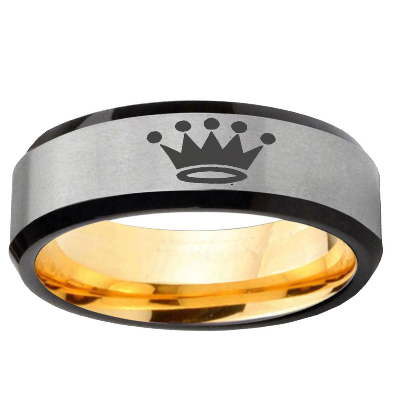 Crown Beveled Edge Gray And Gold Tungsten Mens Wedding Ring