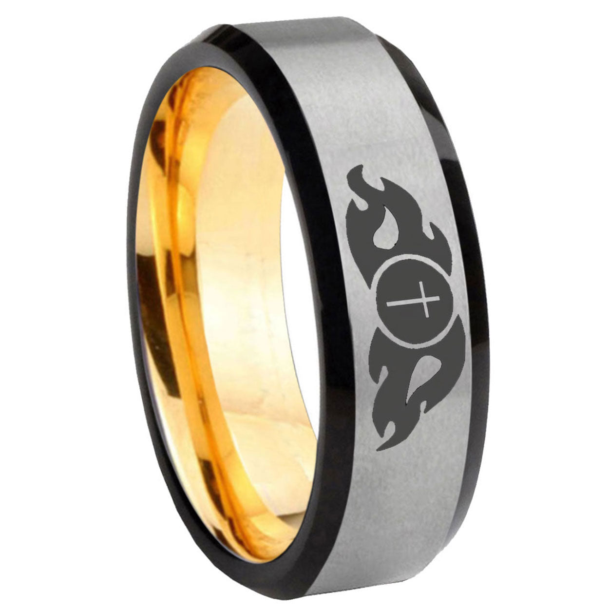 8mm Flamed Cross Beveled Edge Gray Gold Tungsten Promise Ring
