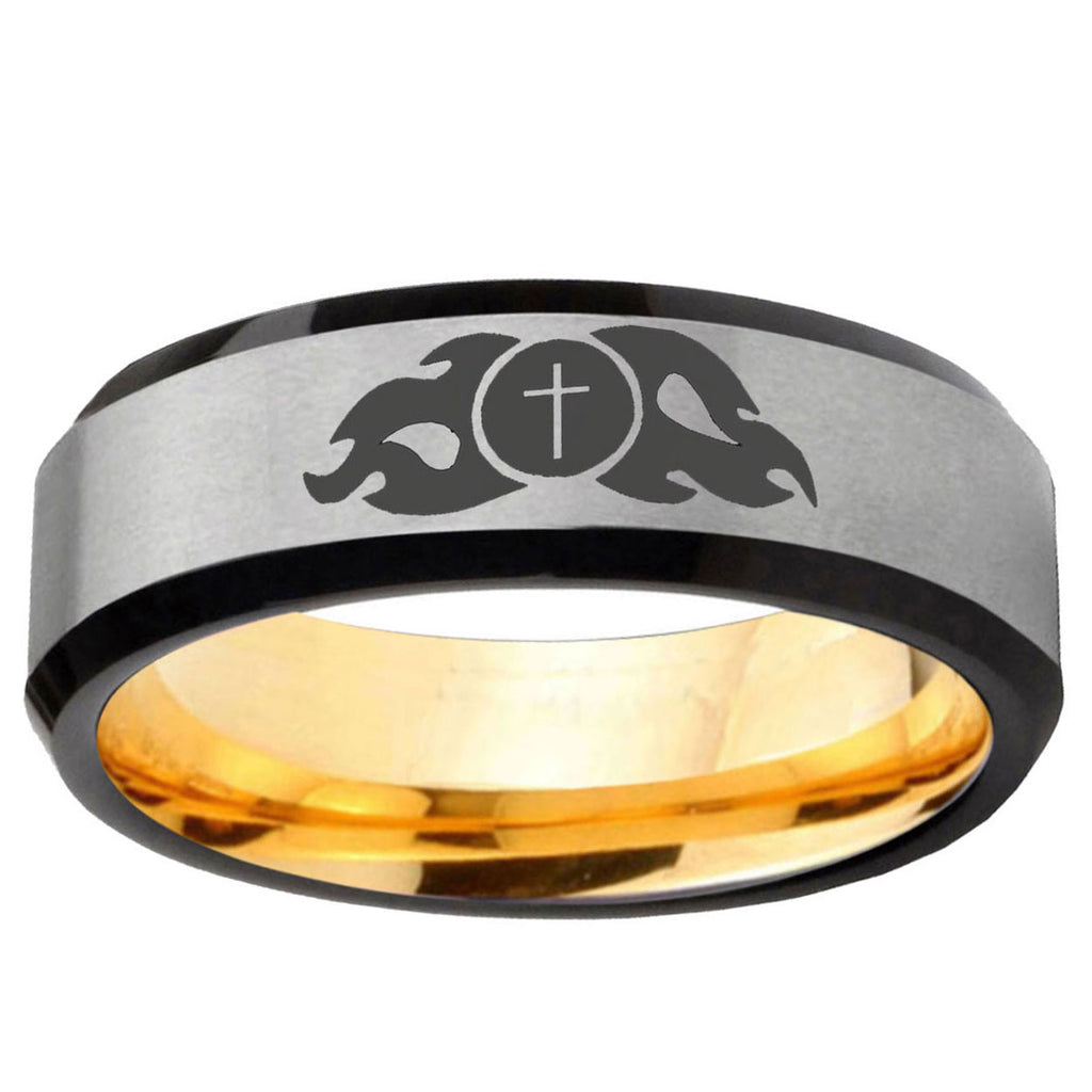 Flamed Cross Beveled Edge Gray Gold Tungsten Promise Ring
