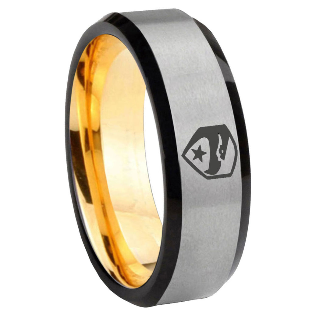 8mm GI Joe Eagle Beveled Edge Gray And Gold Tungsten Ring