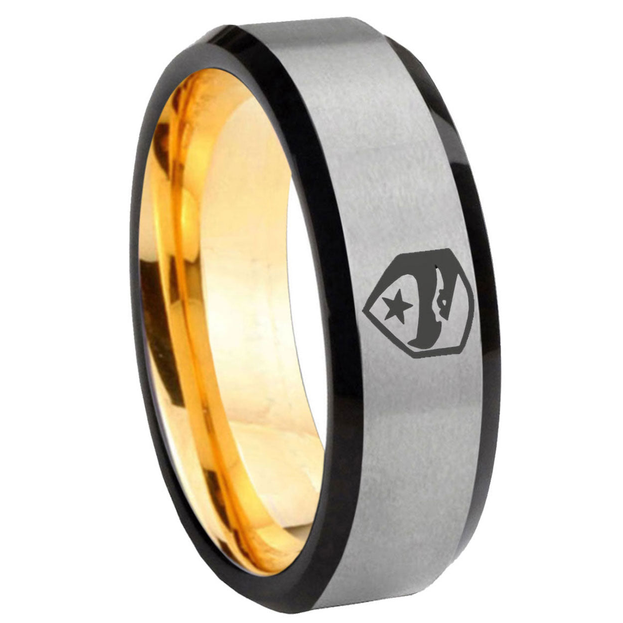 8mm GI Joe Eagle Beveled Edge Gray And Gold Tungsten Ring