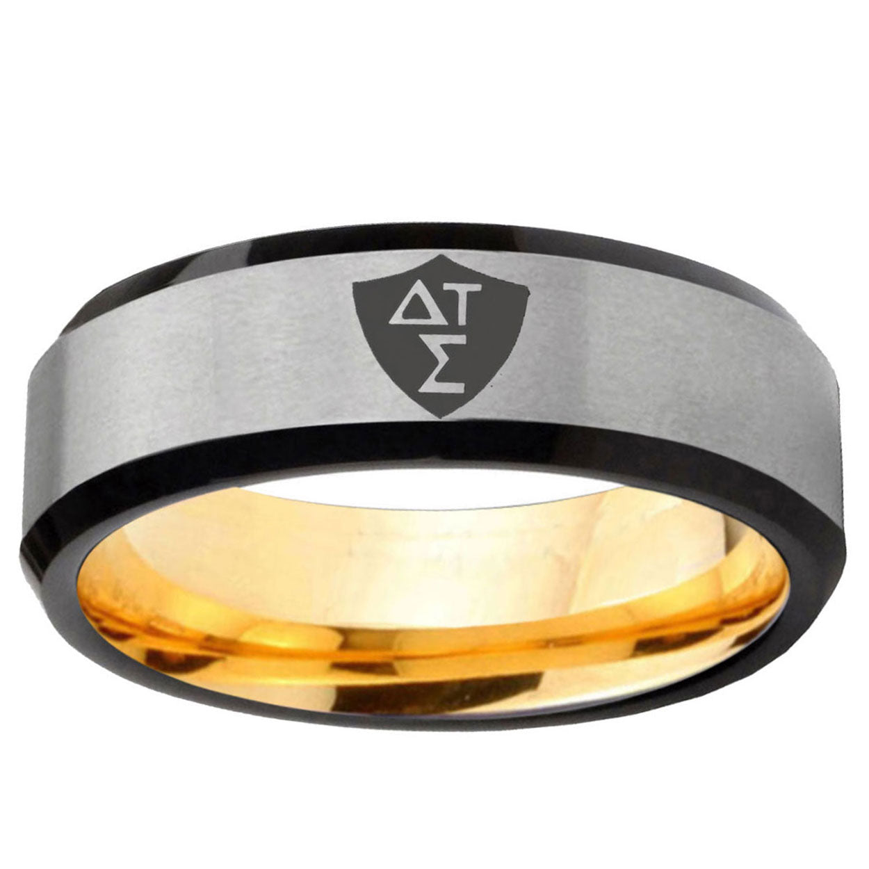 Greek CTR Beveled Edge Gray And Gold Tungsten Wedding Band
