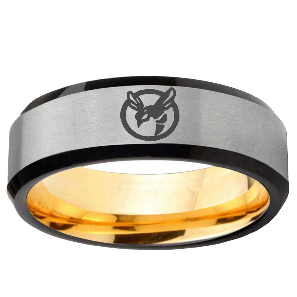 Honey Bee Beveled Edge Gray And Gold Tungsten Wedding Band