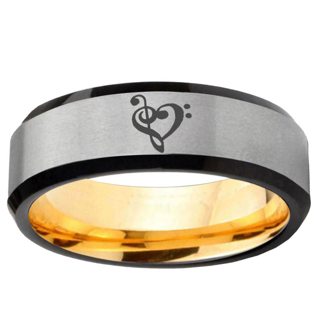 Music & Heart Beveled Edge Gray Gold Tungsten Ring Engraved
