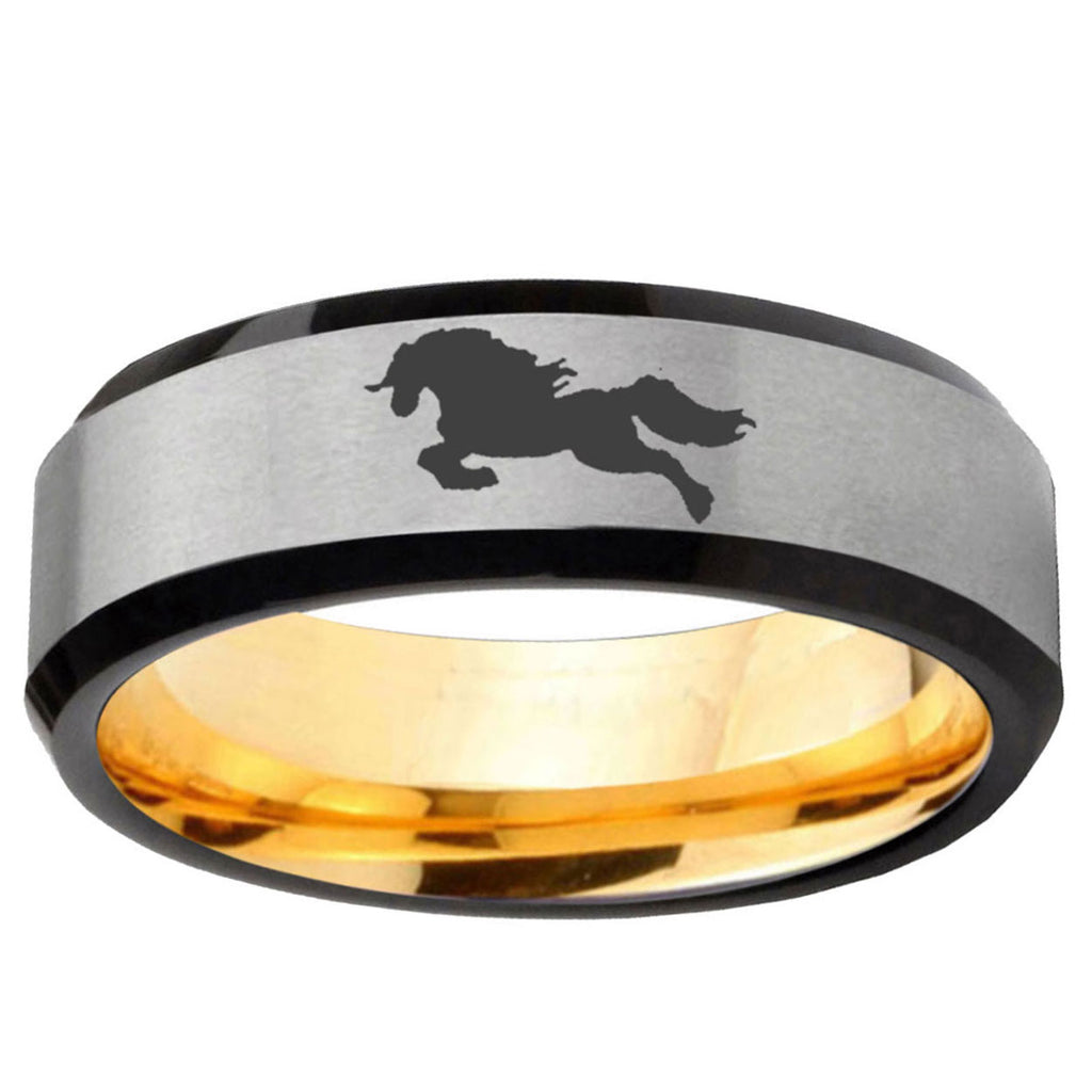 Horse Beveled Edge Gray And Gold Tungsten Wedding Band