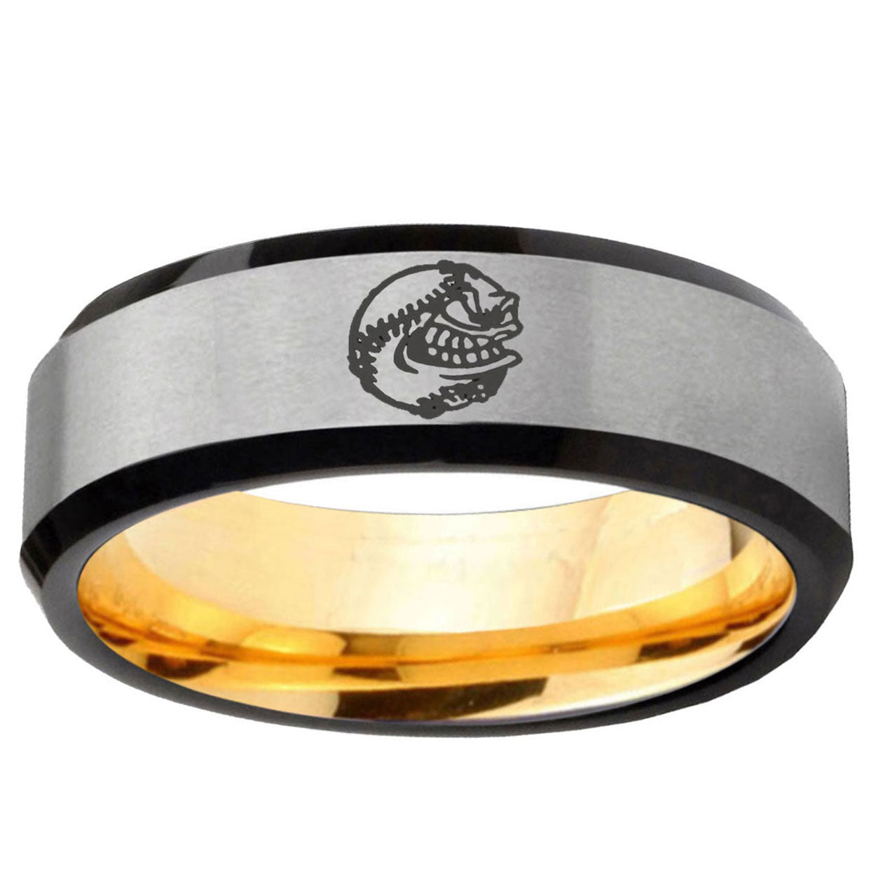Angry Baseball Beveled Edge Gray Gold Tungsten Wedding Ring